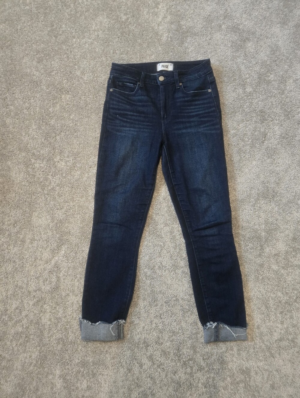 PAIGE Hoxton Ankle High Rise Skinny Jeans Dark Wash Raw Frayed Cuffed Hem 26